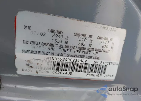 2002 Mazda Mx-5 Miata Cloth/Ls/Se z USA, uszkodzony, nr VIN JM1NB353420234889